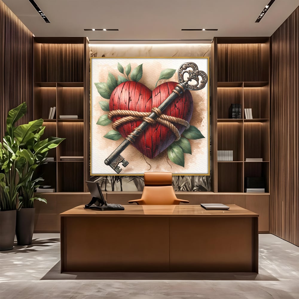 Tablou canvas cu tablou canvas cu inima de lemn si cheie, in rama de aluminiu auriu, pe perete intr-un birou